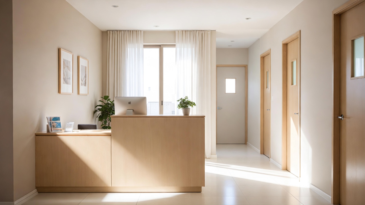 Cinematic interior of a modern medical clinic with warm wood textures, natural light, and a stethoscope resting on a clean desk.
