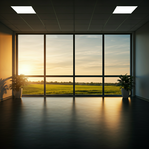 Large cinematic interior window of a modern clinic at golden hour, overlooking a peaceful landscape with soft long shadows.